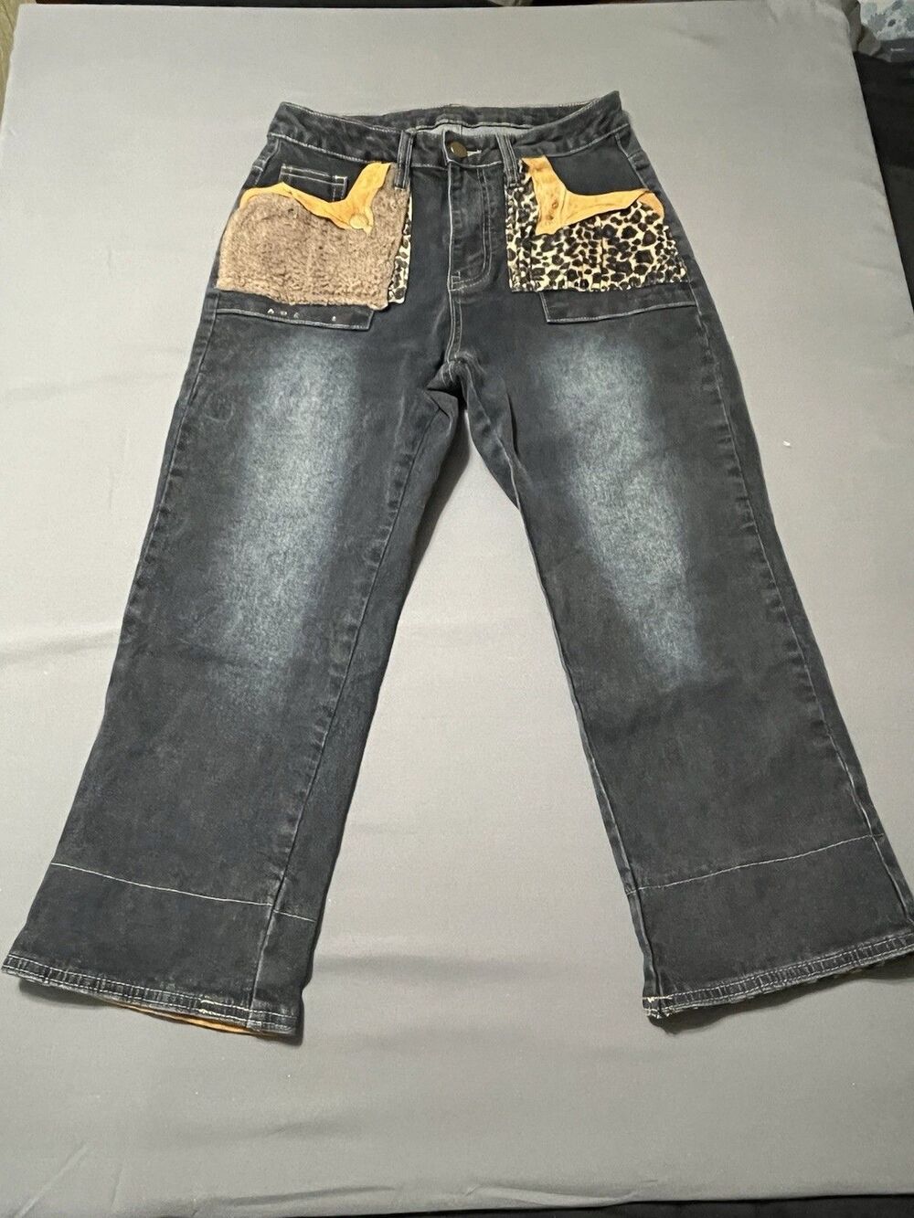 Romwe Leopard Faux Fur Patchwork Mid Rise Vintage Capri Denim Jeans Pants Size S